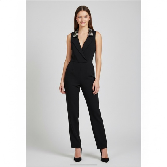 2B Bebe Black Studded Collar Tuxedo Style Sleeveless Long Jumpsuit Pockets XS - Picture 1 of 14